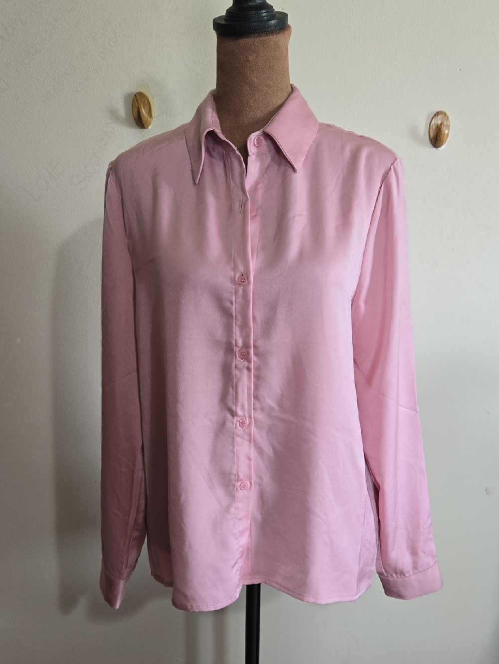 T35 Color Block Button Down Satiny Blouse Long Sleeve Pointed Collar Relaxed